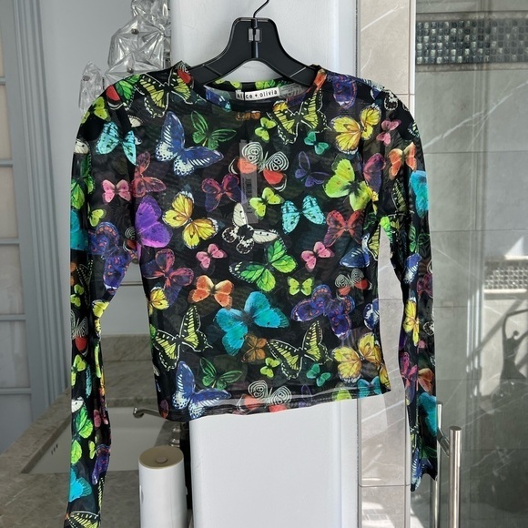 Alice + Olivia Delaina Butterfly Mesh Crop Top Butterfly High Black - Picture 5 of 12